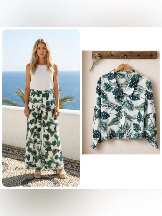 Mulla 2pc Outfit Set Womens small Multicolor Tropical Leaf Shirt wide leg Pants - Picture 1 of 8